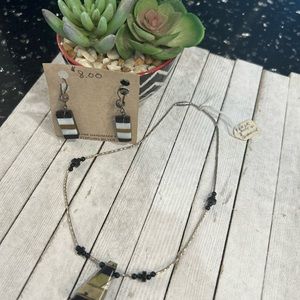 Vintage Estate Jewelry Store Silver/Black Jade Necklace/Earring Set NWT